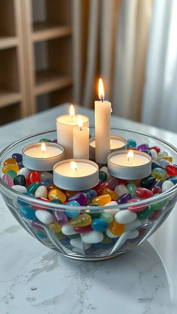 A centerpiece featuring a glass bowl filled with colorful jelly beans and white candles.