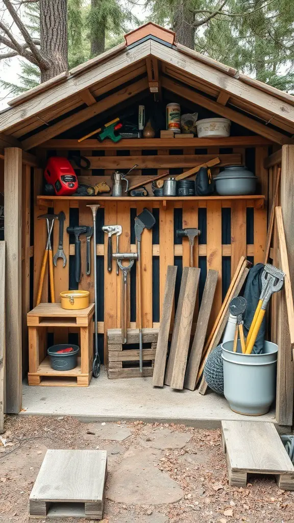 27+ Smart Small Shed Storage Ideas You Need to Try 10 A shed with organized storage using wooden pallets and tools.