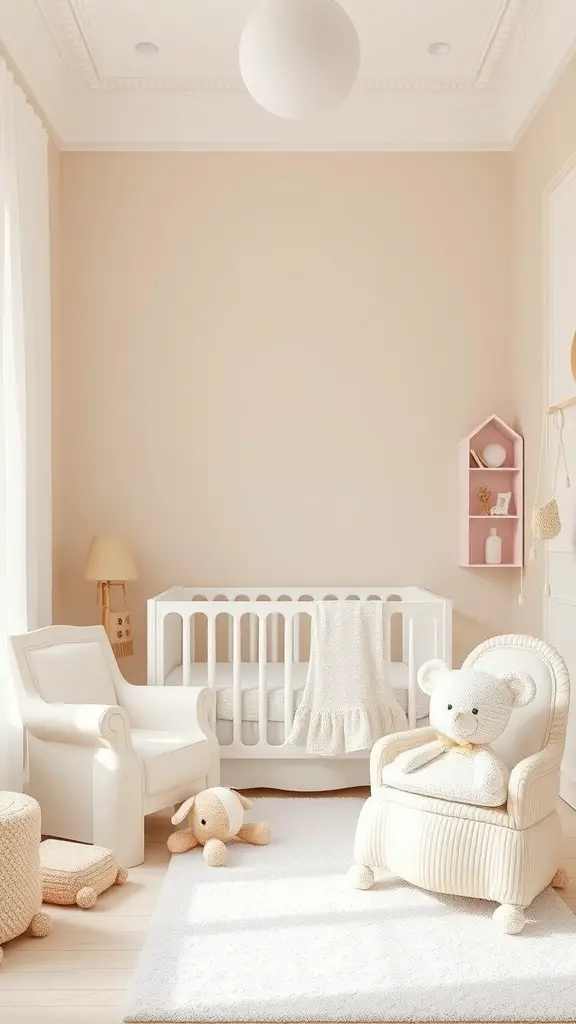 27+ Adorable Neutral Baby Room Ideas to Inspire Your Nursery Design 9 A serene baby room featuring a soft beige and white color palette with a crib, plush toys, and a rocking chair.