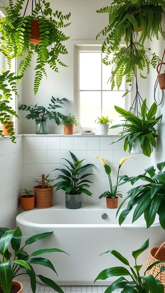 A bright bathroom filled with various indoor plants, including ferns and peace lilies, enhancing air quality.