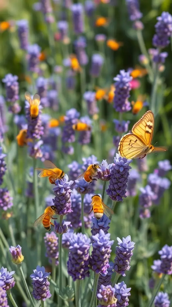 27+ Stunning Lavender Flower Varieties for Your Dream Garden 12 A close-up of lavender flowers with bees and a butterfly, showcasing a vibrant garden scene.