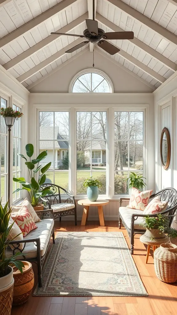29+ Stunning Porch to Sunroom Conversion Ideas to Transform Your Home 14 A bright sunroom with comfortable seating, plants, and a cozy rug.