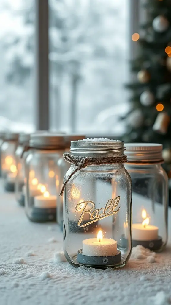 A row of Mason jar lanterns with candles inside, surrounded by faux snow, creating a cozy winter atmosphere.