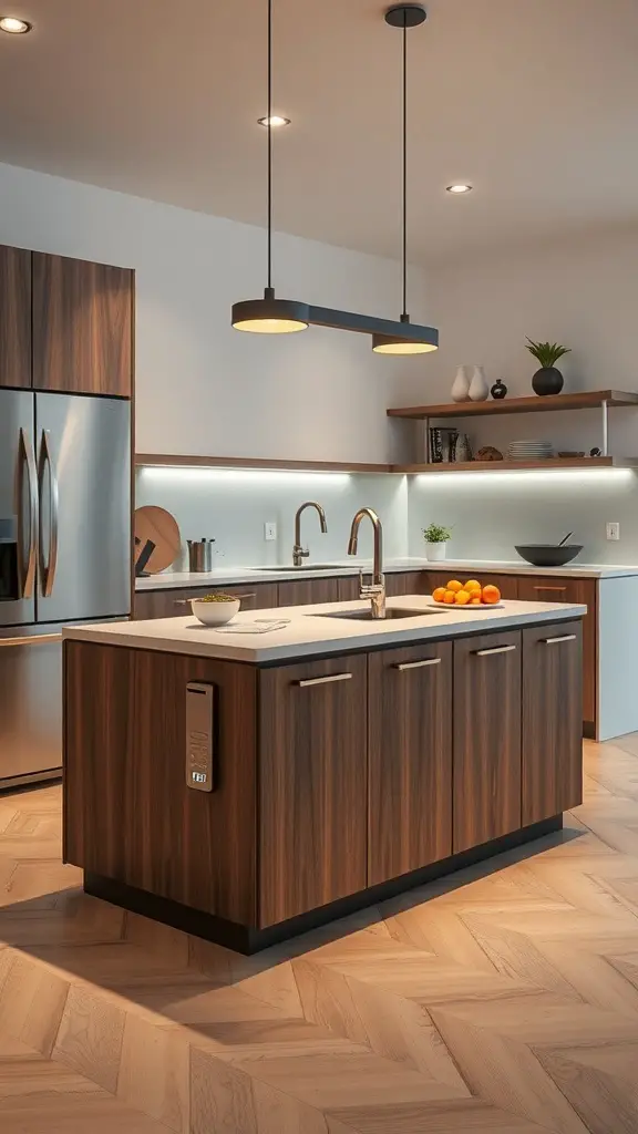 A modern small kitchen island with smart technology features.