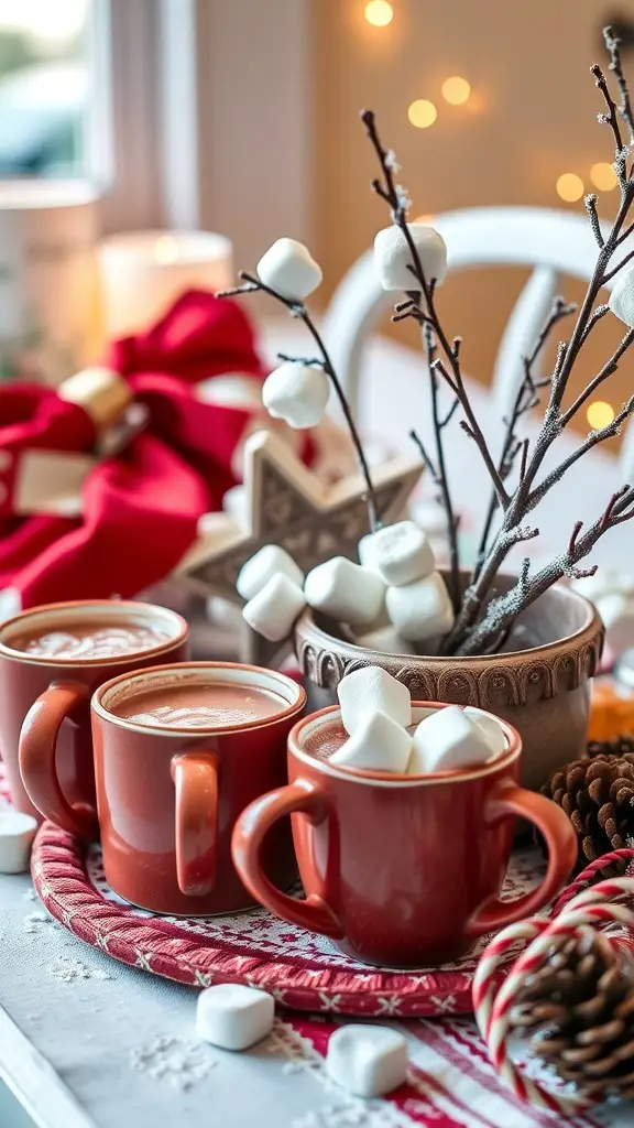 A cozy hot cocoa bar featuring mugs of hot chocolate topped with marshmallows, surrounded by festive decorations.
