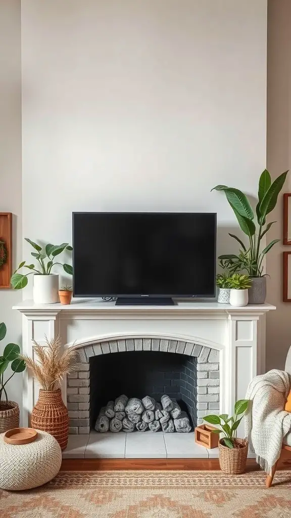 A cozy living room with a TV mounted above a white mantle, surrounded by various plants and a warm rug.