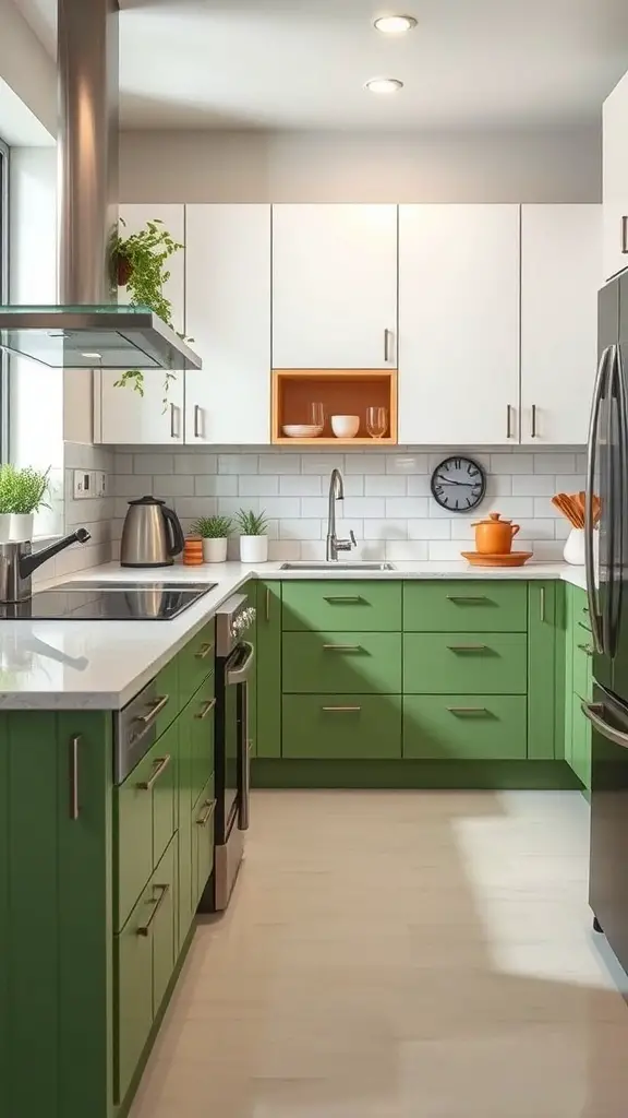 A modern kitchen featuring green lower cabinets and white upper cabinets, with plants and decorative items.
