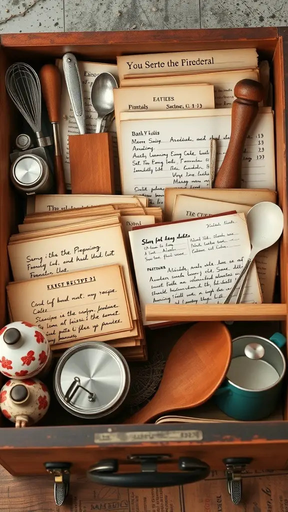 23+ Unique Memory Box Ideas s 9 A wooden box filled with handwritten recipe cards and cooking utensils, showcasing a family recipe collection.
