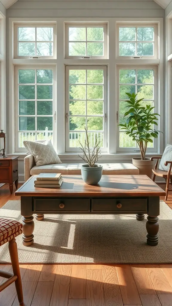 25+ Stylish Sunroom Furniture Ideas for a Cozy Retreat 2 A cozy sunroom featuring a vintage wooden coffee table, surrounded by natural light and greenery.