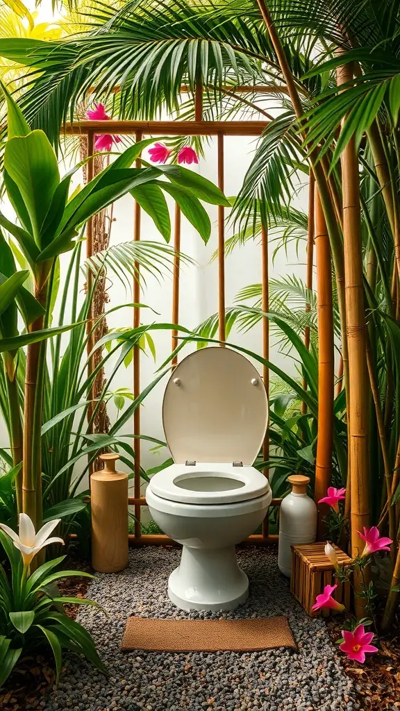 A sustainable bamboo toilet surrounded by lush plants and flowers.