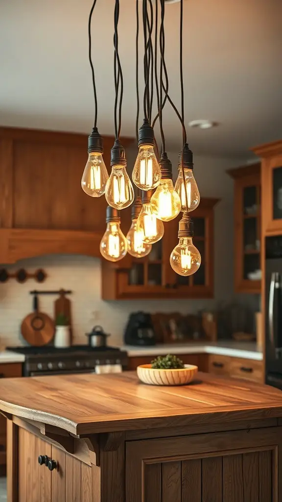Cluster of vintage Edison bulb pendants hanging over a wooden kitchen island