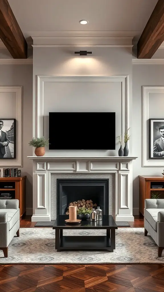 Elegant living room with a TV framed by a stylish mantel, light gray sofas, and wooden accents.
