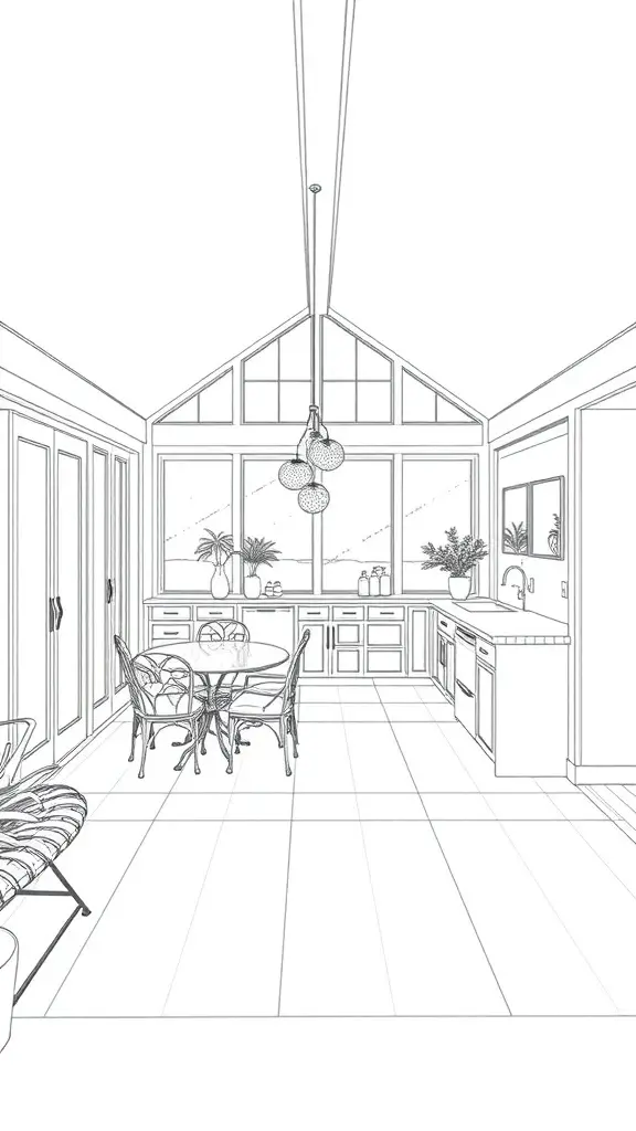 29+ Stunning Sunroom Addition Ideas Off Your Kitchen 2 A sketch of a sunroom layout off a kitchen, featuring a round dining table, chairs, and large windows.