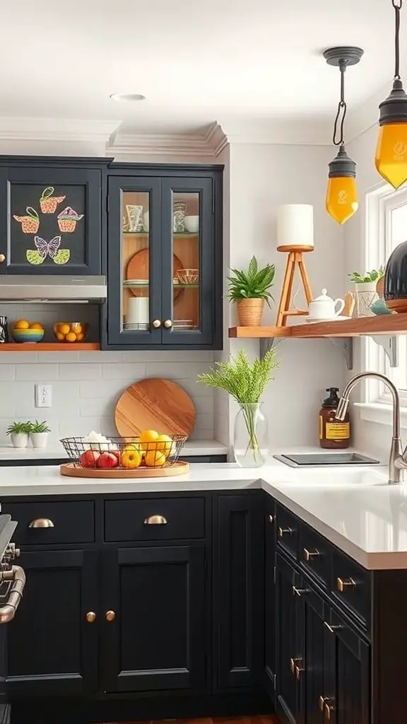 A rustic black kitchen with contrasting white countertops and golden hardware, featuring plants and fruits for a warm touch.