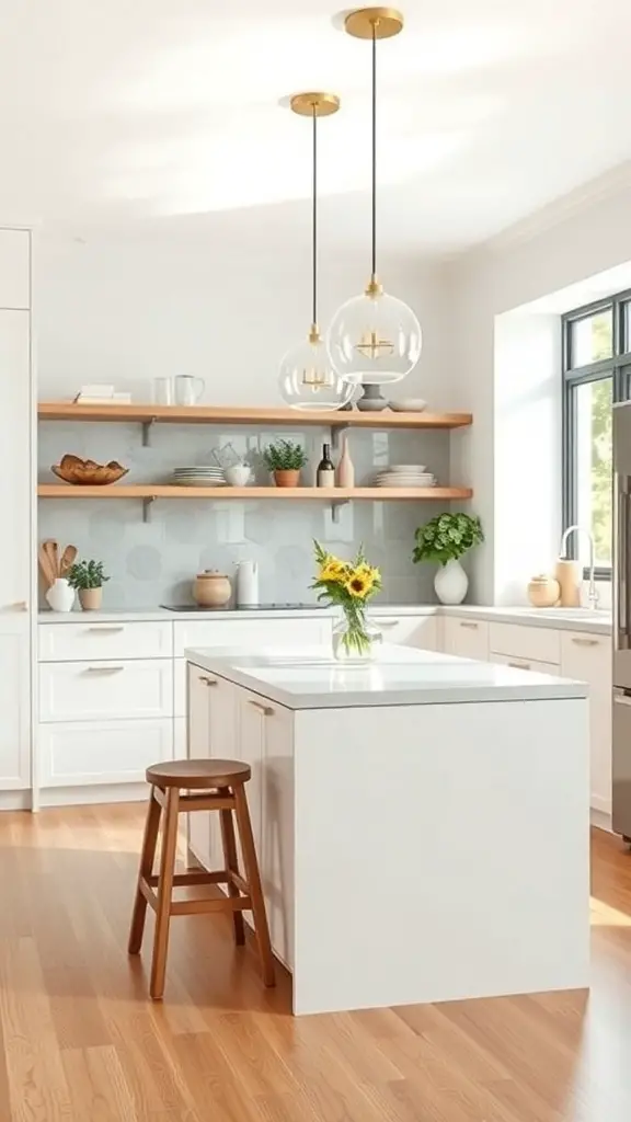 A small kitchen featuring a white island, wooden stool, and bright decor.