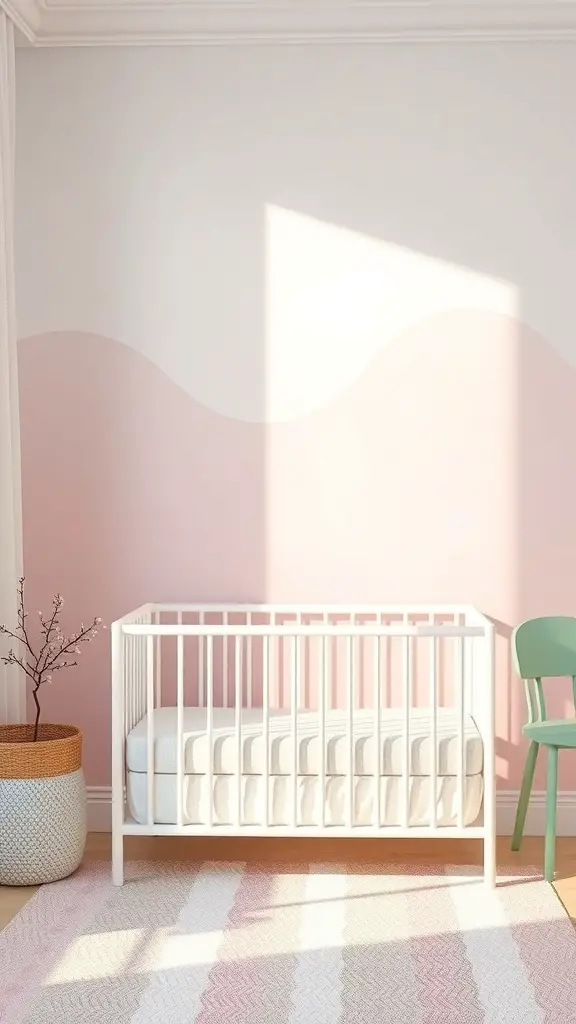 A serene nursery with soft pastel colors, featuring a crib and wavy wall design.