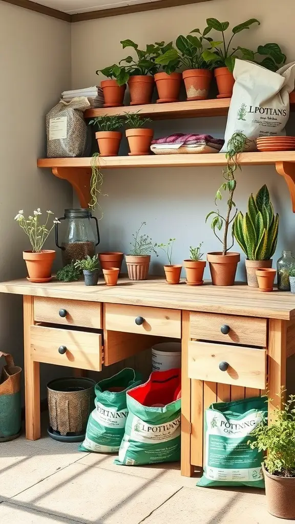 A wooden potting table with built-in storage, featuring pots, plants, and gardening supplies.
