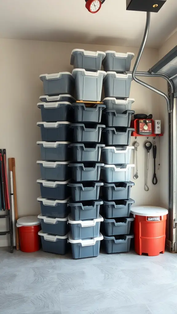 Stacked gray storage bins in a garage