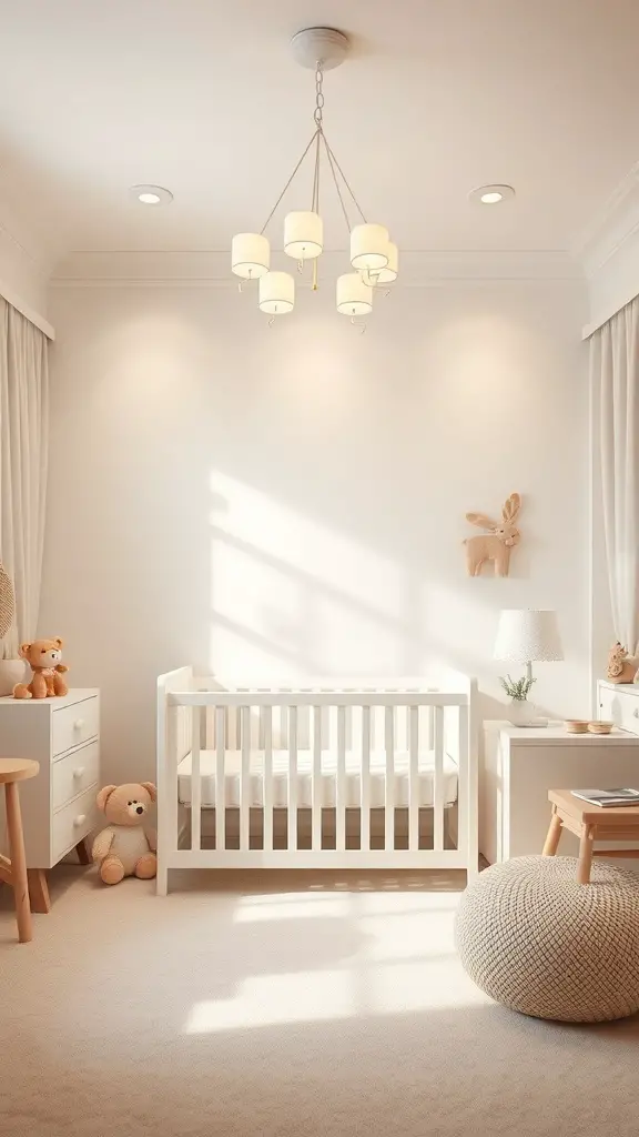 27+ Adorable Neutral Baby Room Ideas to Inspire Your Nursery Design 13 A softly lit nursery featuring a crib, plush toys, and warm lighting.