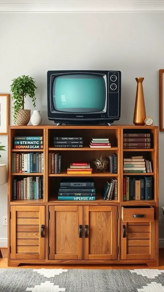 A vintage wooden TV cabinet with a retro television on top, surrounded by books and decorative items.