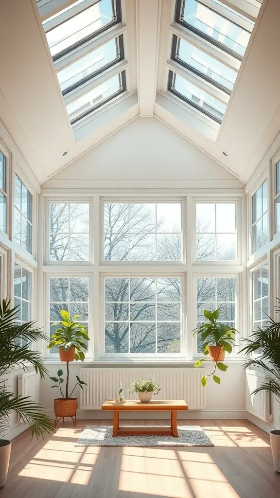 Bright sunroom with large windows and skylights, featuring plants and a wooden table.