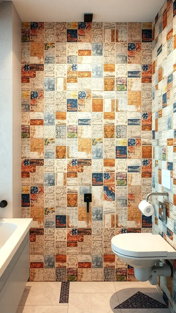 25+ Trending Bathroom Wall Decor Ideas You’ll Love 7 Bathroom wall decorated with colorful ceramic tiles featuring various designs.
