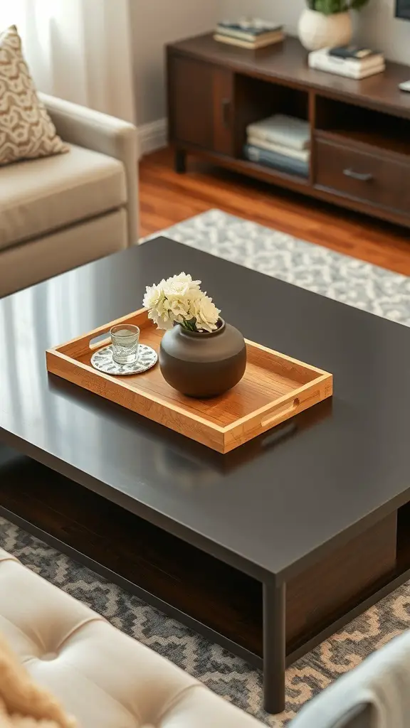A stylish coffee table with a wooden tray, vase of flowers, and a glass.