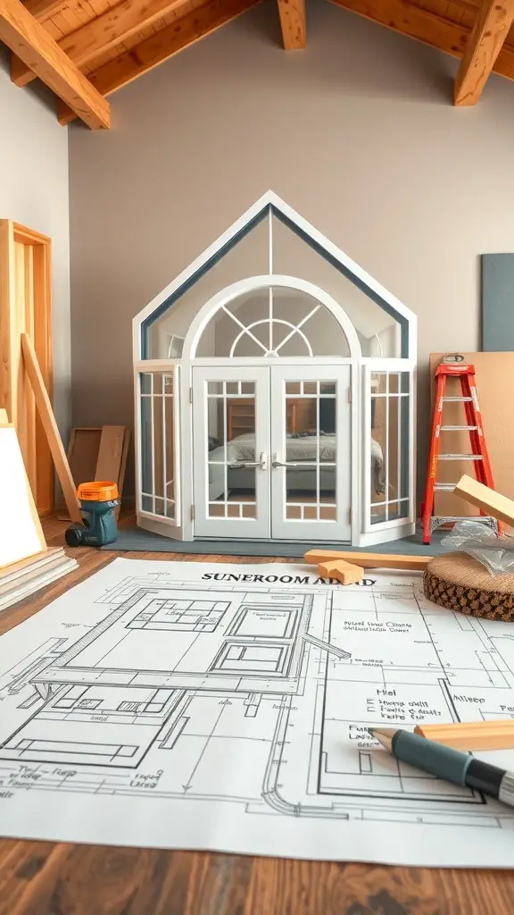 Blueprint for a sunroom addition with a model structure in the background