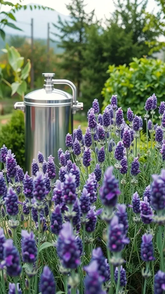 27+ Stunning Lavender Flower Varieties for Your Dream Garden 16 Lavender flowers in a garden with a distillation setup in the background