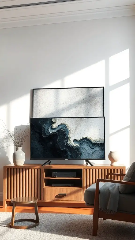 A stylish TV console with an abstract art piece above it, showcasing a modern and inviting living space.
