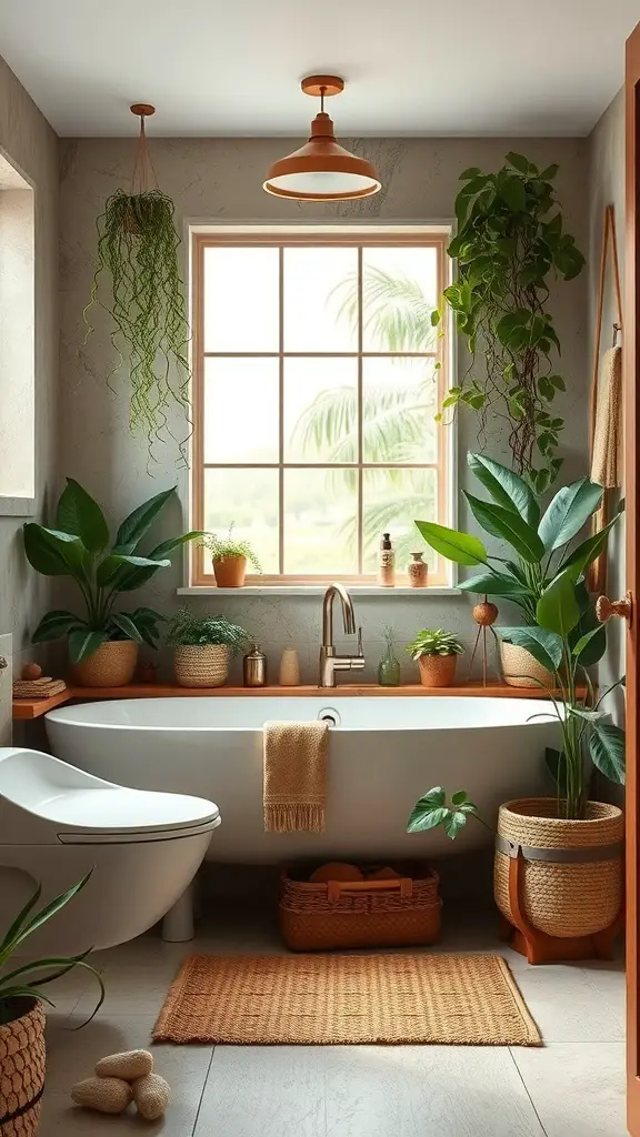 A nature-inspired bathroom featuring plants, a bathtub, and wooden accents.