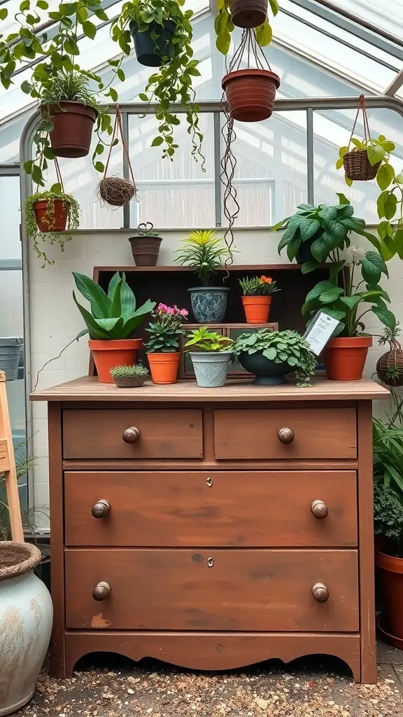 A wooden dresser used as a plant display in a greenhouse, featuring various potted plants and hanging greenery.