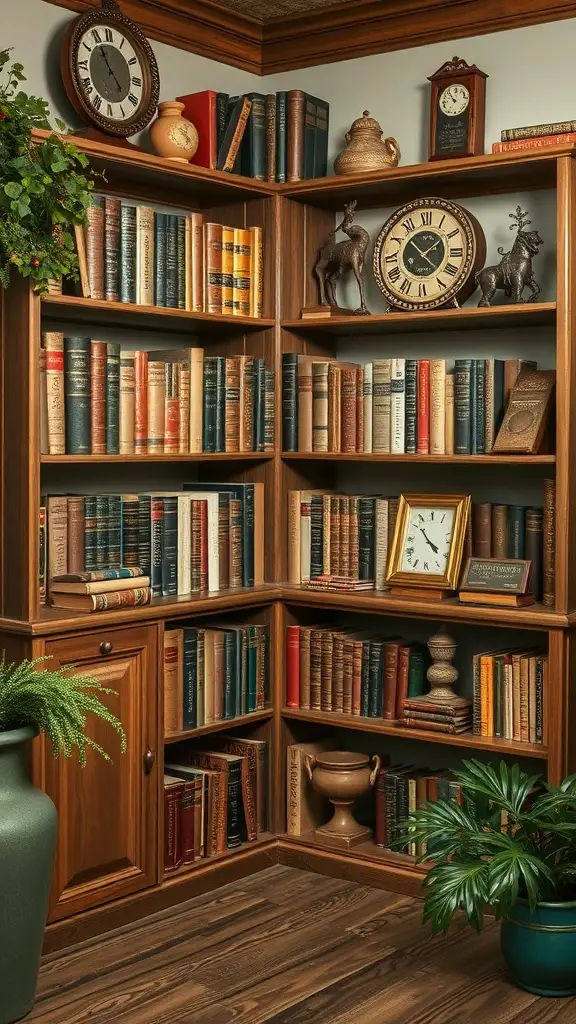A vintage corner bookshelf filled with classic books and decorative items.