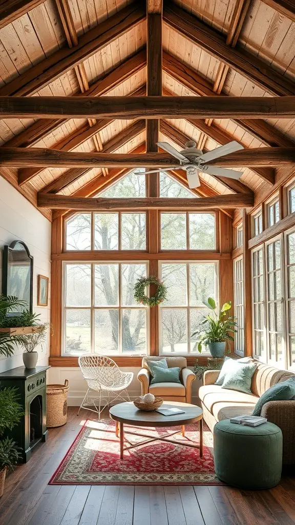 29+ Charming Vintage Sunroom Ideas for a Timeless Retreat 6 A sunroom featuring rustic wood beams, large windows, and cozy furniture.