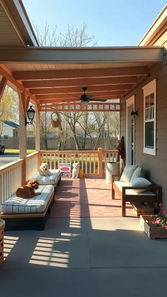 A covered porch with comfortable seating for pets, featuring two dogs lounging on cushions.