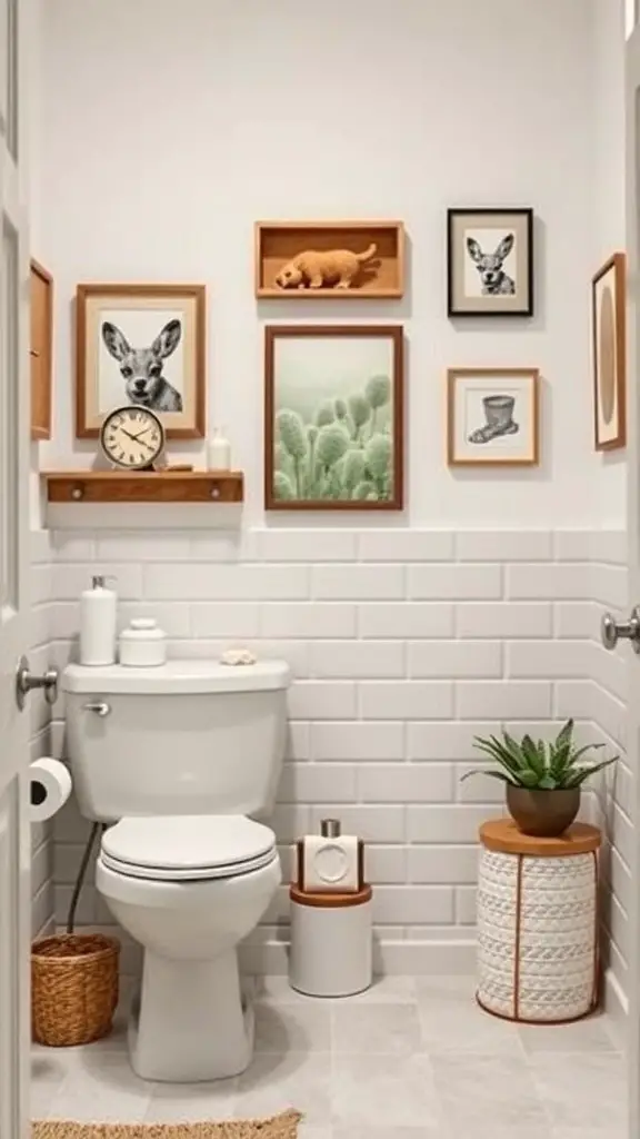 A small bathroom with unique decor including framed animal art, a clock, and a potted plant.