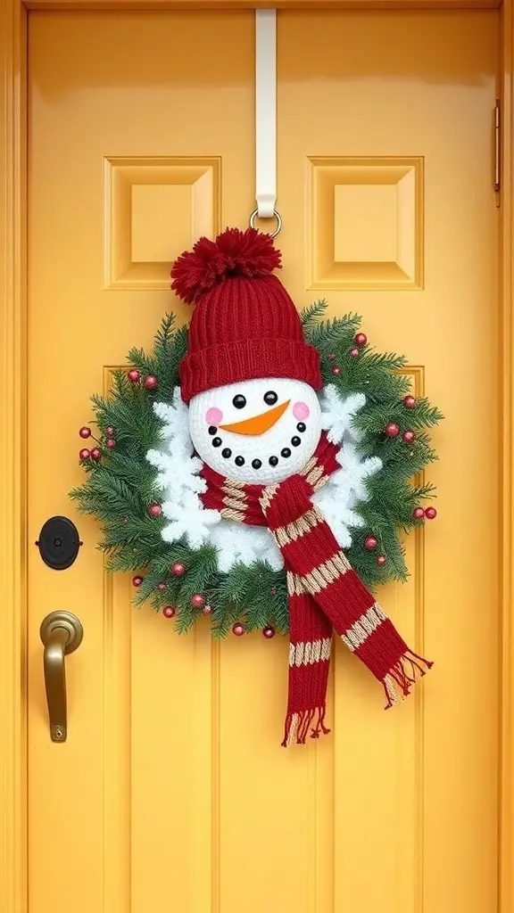 A whimsical snowman wreath featuring a cheerful snowman with a red hat and scarf, surrounded by greenery and red berries, hanging on a yellow door.