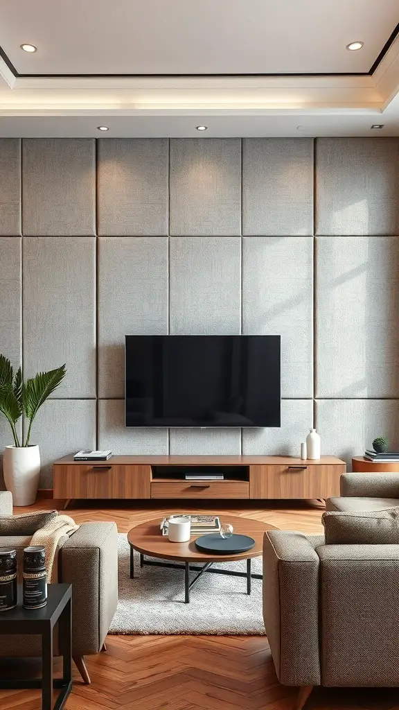 25+ Creative TV Wall Paneling Ideas for a Stylish Living Room 7 Living room with textured fabric panels behind a TV, featuring a modern design and warm tones.
