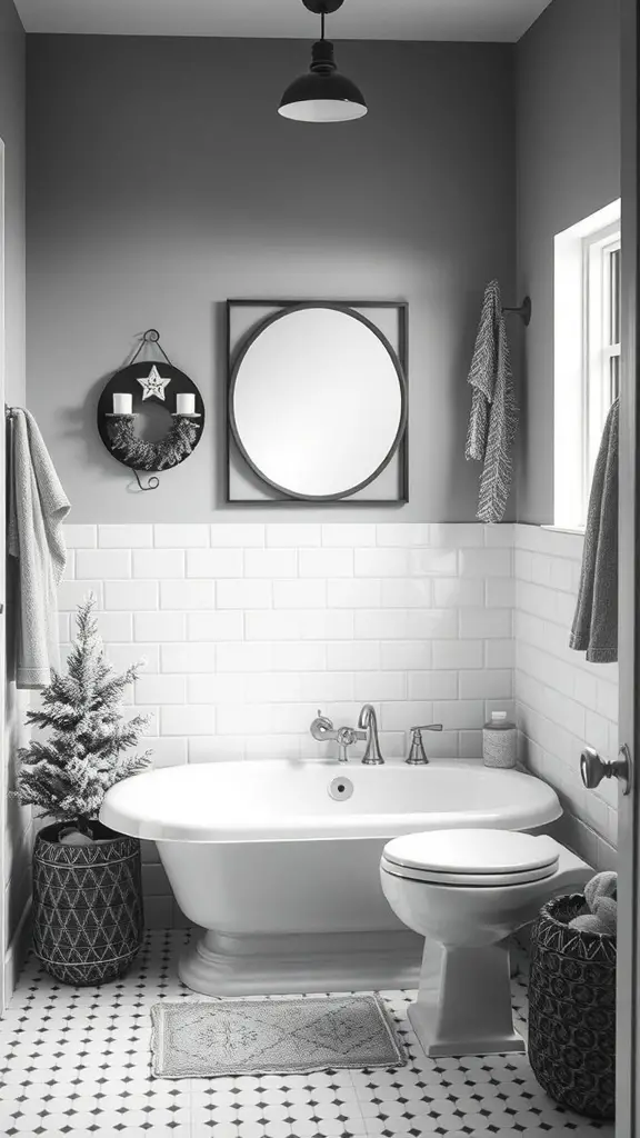 25+ Stunning Black and White Bathroom Ideas You’ll Love 14 A black and white bathroom featuring a small evergreen tree, a wreath with candles, and stylish decor.