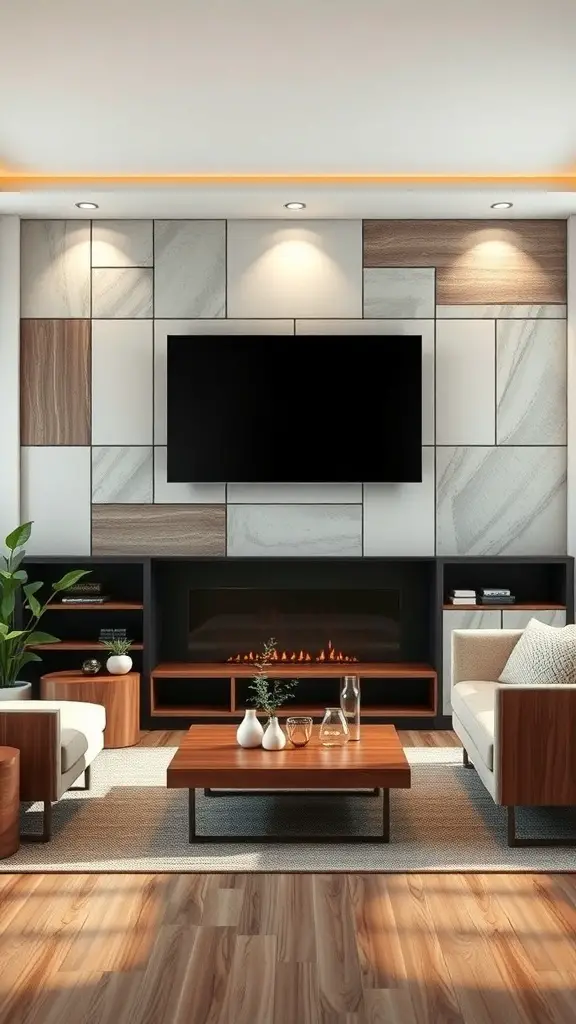 25+ Creative TV Wall Paneling Ideas for a Stylish Living Room 11 A modern living room featuring customizable modular panels behind a TV, with a blend of wood and stone textures.