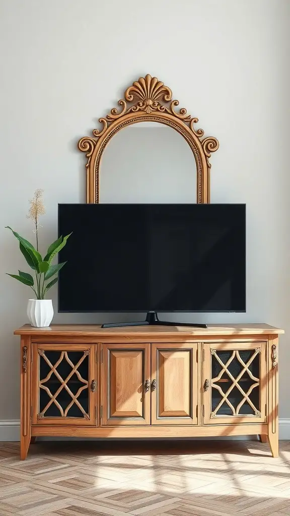 A stylish TV console with an ornate mirror above it and a plant beside.