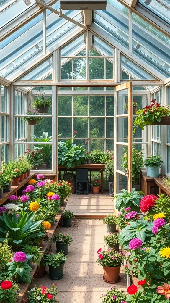 29+ Creative DIY Greenhouse Ideas for Your Garden 9 A greenhouse made from reclaimed windows filled with colorful flowers and plants.