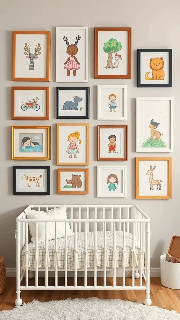 A nursery wall decorated with a gallery of framed illustrations featuring animals and children.