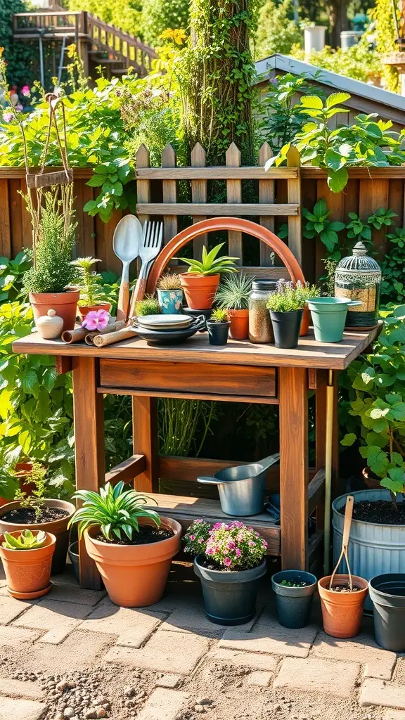 A rustic wooden potting table surrounded by various potted plants in a garden.