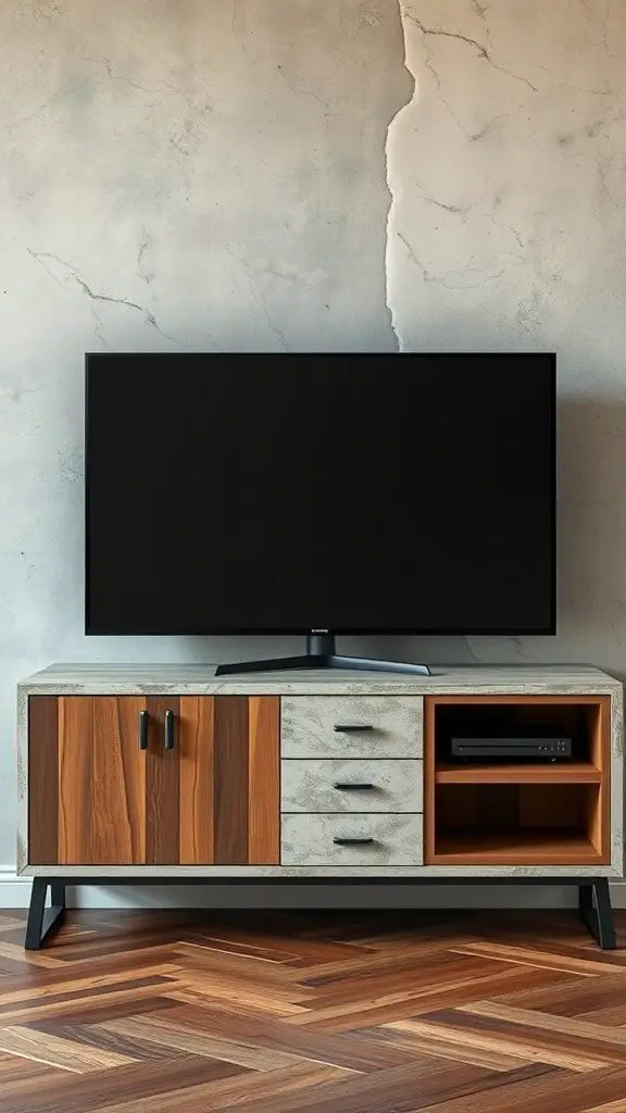 A modern TV console made of wood and concrete with a TV on top.
