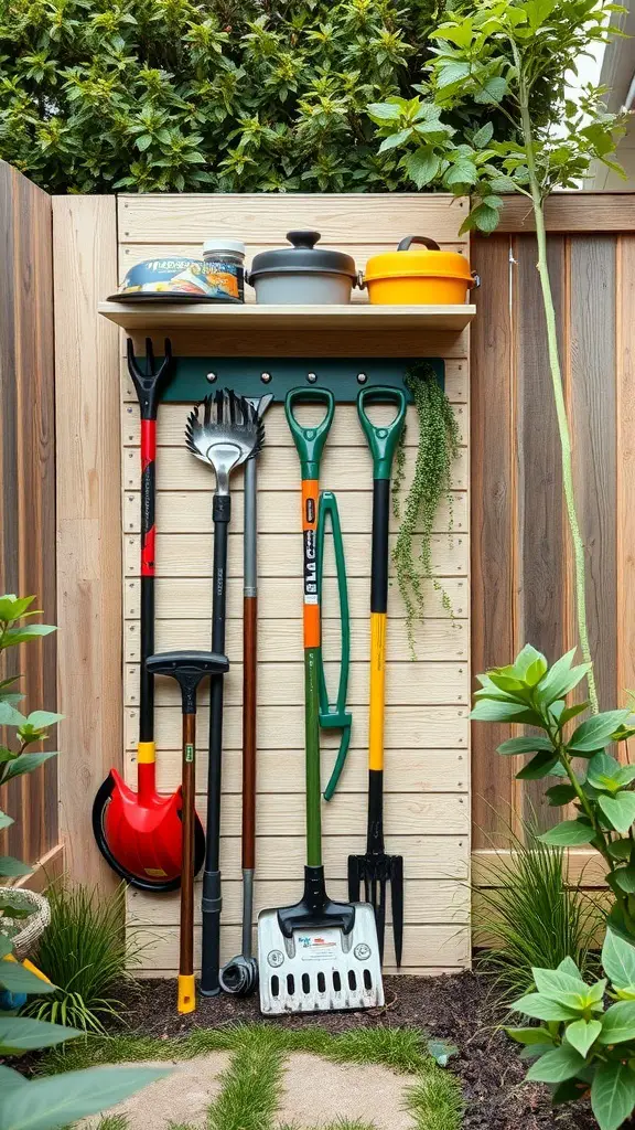 Organized lawn equipment storage with tools hanging on a wall and a shelf above.