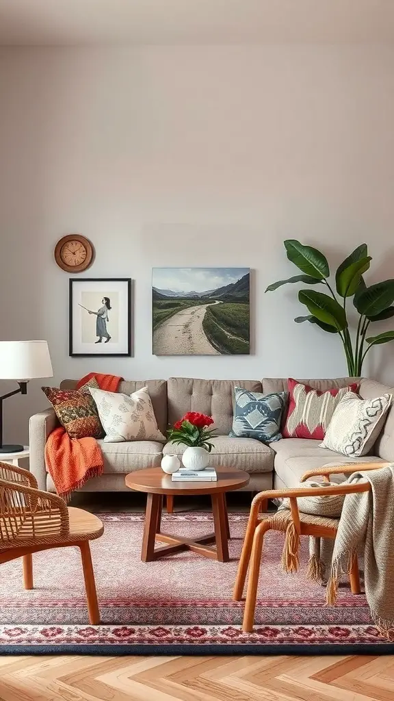 A cozy living room with a funky couch, colorful pillows, a coffee table, and wall art.