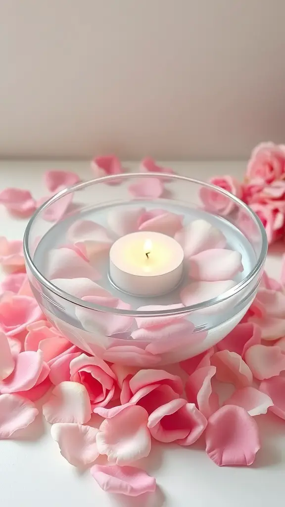 Floating candle in a bowl surrounded by pink rose petals
