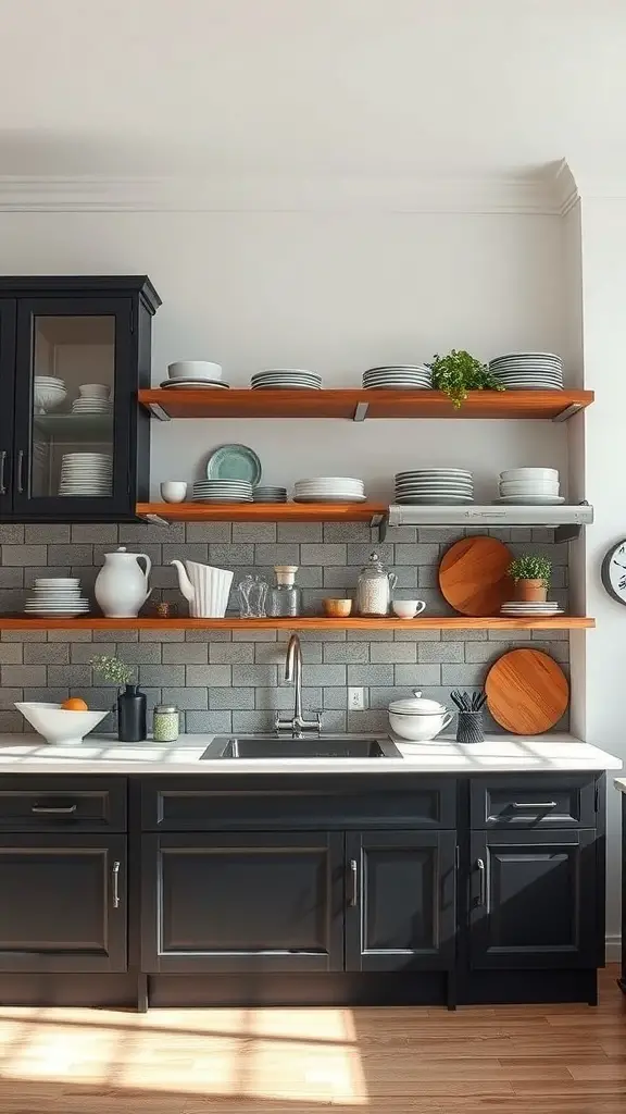 A kitchen featuring rustic black cabinets and open wooden shelving displaying dishware.