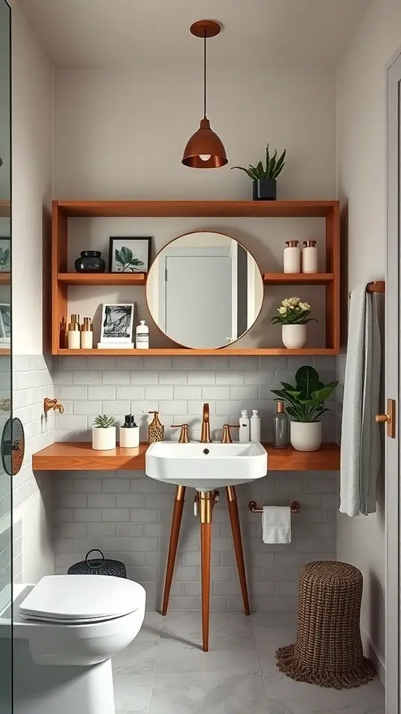 A mid-century modern bathroom featuring open shelving with plants and decorative items.